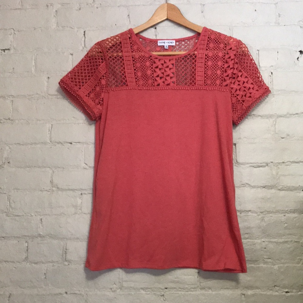 Thyme & Honey Womens S Pink Lace Lacy Feminine Coquette Summer Short Sleeve Top
